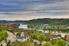 An aerial view of Wheeling, West Virginia along the Ohio River